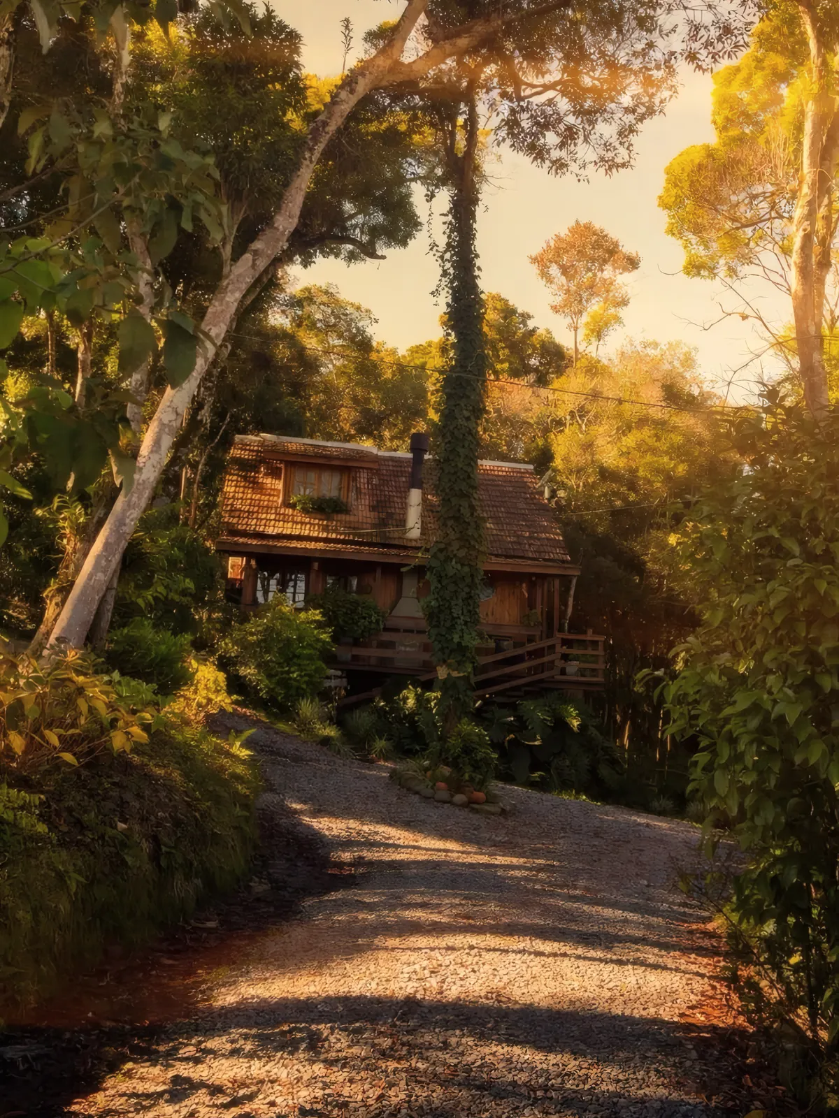 Caminho de pedrinhas até a Aurora, no meio da mata, ao entardecer