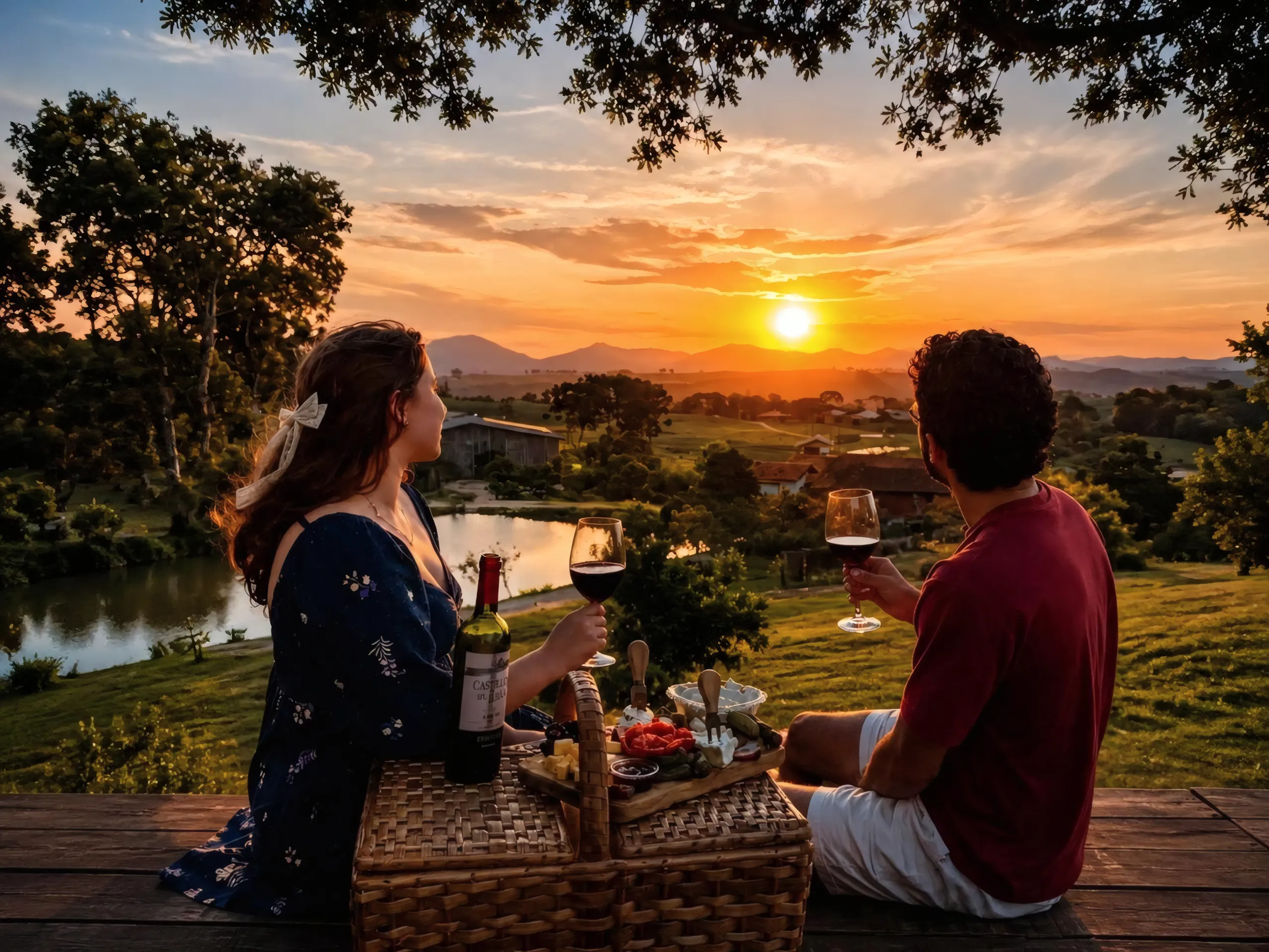 Casal brindando com vinho ao pôr do sol, com o lago do sítio e a serra ao fundo