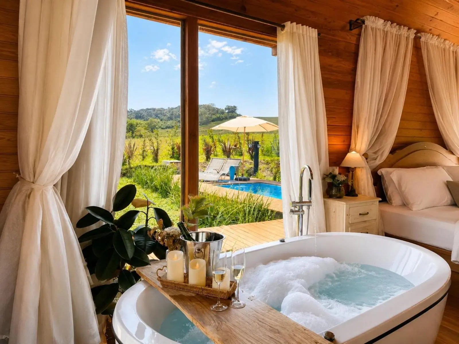 Banheira de hidromassagem ao lado da cama, com vista para a piscina