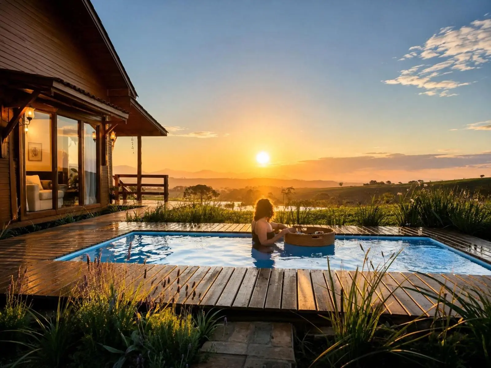 Hóspede na piscina aquecida ao pôr do sol