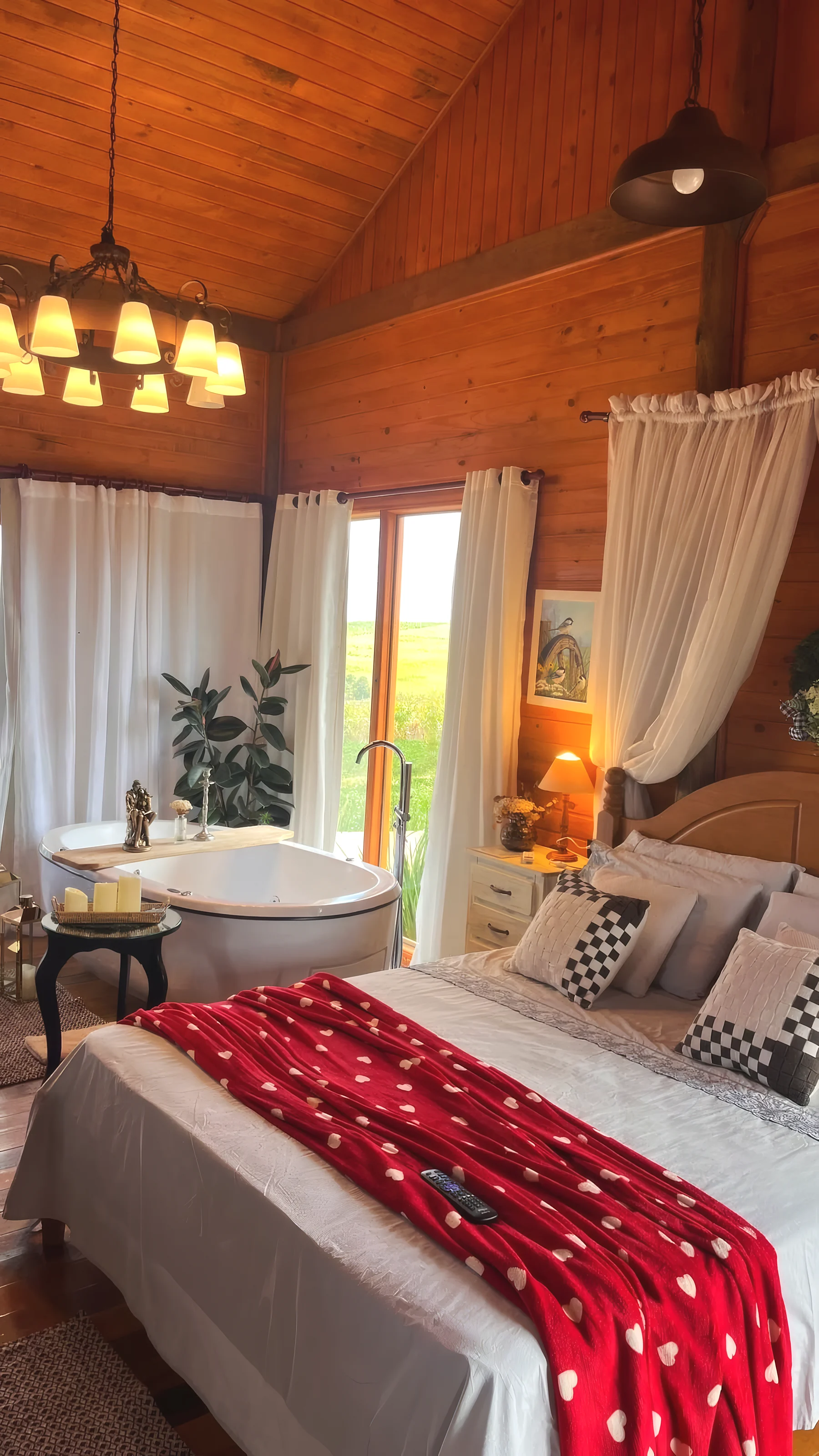 Quarto da Gaia com cama de casal, banheira de hidromassagem e janela para o campo