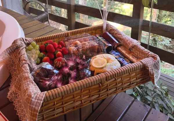 Cesta de café da manhã com morangos, uvas, bolo, doces e flores na varanda, de frente para a mata