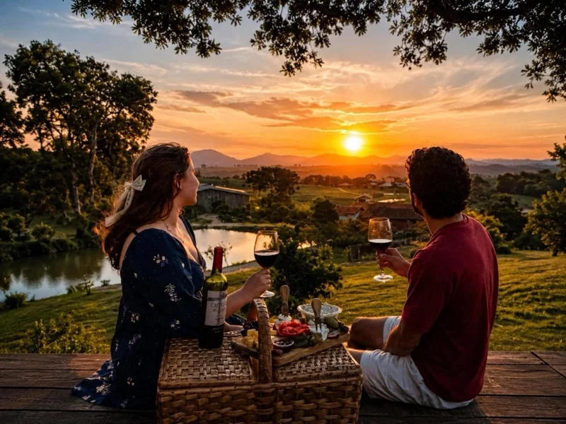 Casal brindando ao pôr do sol no deck com vista para as montanhas