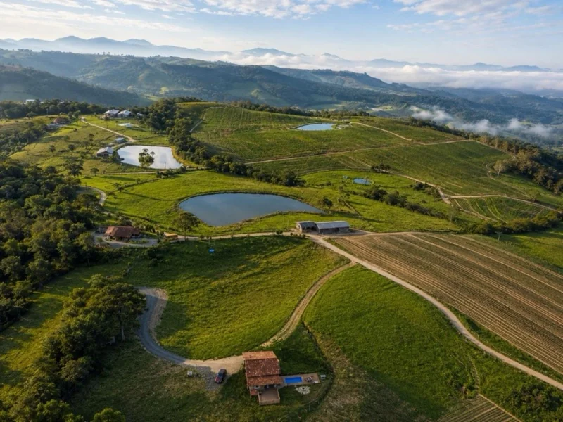 Vista aérea das cabanas e da imensidão verde do sítio